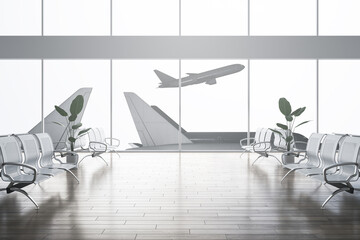 Poster - Creative airport waiting area interior with reflections on floor, decorative plants, benches, window with aircraft view and daylight. 3D Rendering.