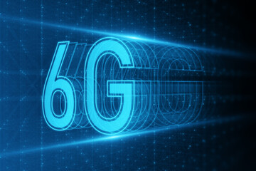 Poster - Creative glowing 6G hologram on blurry background. Internet speed, future and communication concept, 3D Rendering.