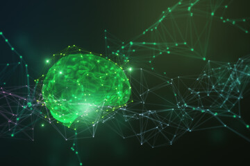 Poster - Abstract green polygonal brain hologram. AI and machine learnign concept. 3D Rendering.