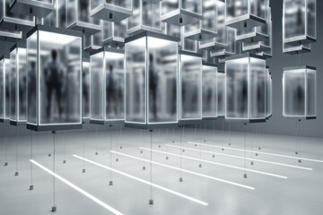 Aufkleber - Abstract matrix room with hackers in incubators on blurry background. Crime and cyberspace concept.