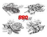 Set of different hand drawn dishes cooking on grill sketch style