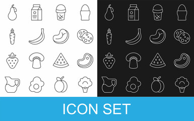 Wall Mural - Set line Broccoli, Steak meat, Cookie with chocolate, Ice cream in waffle, Banana, Carrot, Pear and icon. Vector