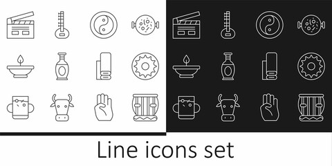 Sticker - Set line Instrument tabla, Chakra, Yin Yang, Indian vase, Aroma lamp, Bollywood indian cinema, textile fabric and Sitar icon. Vector