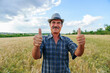 Elderly farmer man with mustache shows thumb up, looking at camera.
