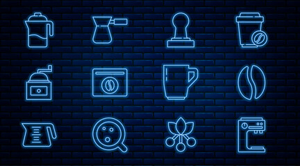 Sticker - Set line Coffee machine, beans, tamper, Bag coffee, Manual grinder, French press, cup and turk icon. Vector