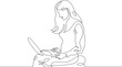 One continuous line. The woman works at the computer. A female character sits at a laptop. Work with mobile Internet.One continuous line is drawn on a white background.