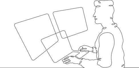 Wall Mural - One continuous line. The student reads the information on the screen. Learning with the help of new high technologies. Multiscreen in education. A young man in front of the screens.  One continuous li