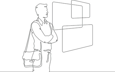 Poster - one continuous line. the student reads the information on the screen. learning with the help of new 