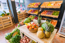 Healthy Fruit And Vegetables In Grocery Shop. Vegetarian Food Supermarket.