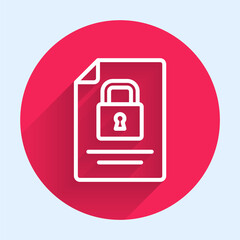 Poster - White line Document and lock icon isolated with long shadow background. File format and padlock. Security, safety, protection concept. Red circle button. Vector