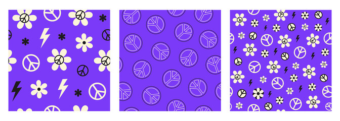 Poster - A set of hippie seamless patterns in the style retro 60s, 70s. Groovy flowers and peace symbols on a blue background. Vector illustration