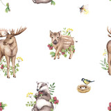 Fototapeta Dziecięca - Watercolor moose, wild boar, badger, titmouse, floral forest illustration. Woodland seamless pattern with cute animals. Hand painted nature print for kids design, fabric