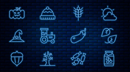 Wall Mural - Set line Jam jar, Leaf, Wheat, Tractor, Witch hat, Pumpkin, Eggplant and Winter icon. Vector