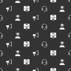 Poster - Set Headphones, Mountains with flag, Megaphone and Key performance indicator on seamless pattern. Vector
