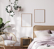 farmhouse interior bedroom, empty wall mockup in white room with wooden furniture and lots of green plants, 3d render