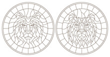 Set Of Contour Stained Glass Illustrations With Bear Head, Round And Square Image, Dark Outline On White Background