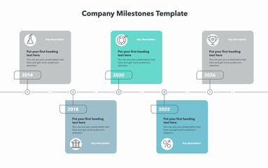 Aufkleber - Company milestones template with five stages. Easy to use for your website or presentation.