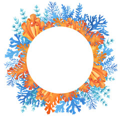 Wreath, round frame with underwater life objects blue and orange sea plant. Illustrations of tropical aquarium seaweed. Marine aquarium flora design. Hand drawn watercolor painting on white background