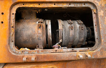 View Of A Rusty Metal Military Vehicle. The Insides Of Rusty Military Equipment. Burnt Military Equipment