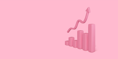 Poster - 3D statistics finance chart graph analytics. Pink realistic optimization stock market. Rise arrow to planning target