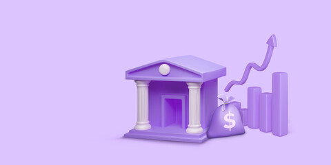 Poster - Bank building with money bag and chart with arrow growth arrow in purple color. Banking investment concept