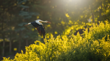 Wall Mural - White stork, ciconia ciconia, with open wings over the bushes in sunlight. Long-legged feathered animal in the air in summer forest. Bird with red beak flying in sunny nature.