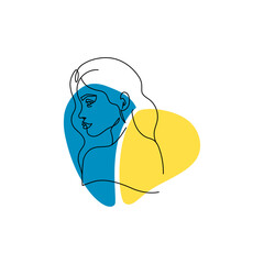 Woman in Ukrainian symbols. Art. Ukraine support concept. No war. Support for Ukraine. Vector illustration. Isolated, line art