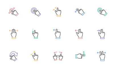 Poster - Touchscreen gesture line icons. Hand swipe, Slide gesture, Multitasking icons. Touchscreen technology, tap on screen, drag and drop. Linear set. Bicolor outline web elements. Vector