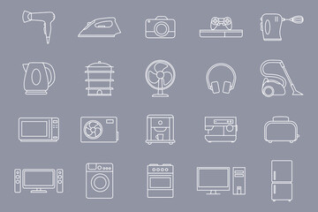 Poster - Electronics Icons set - Vector outline symbols of camera, computer, washing machine, television and other appliances for the site or interface