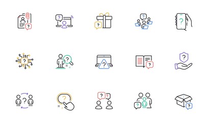 Poster - questions line icons. problem solve, artificial intelligence computer, phone with question mark. qui
