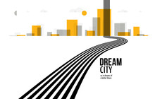 Future City On A Horizon With Highway Road Fast Going To It Vector Abstract Background, Metropolis Skyline With Speed Highway, Road To Town.