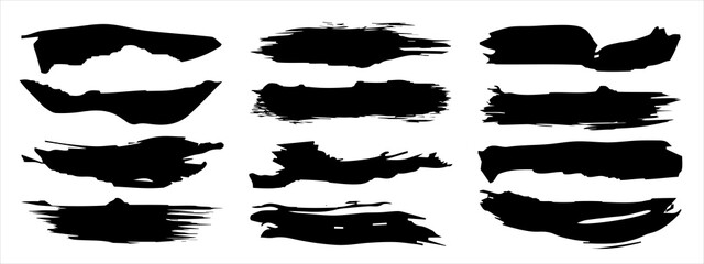 Wall Mural - Vector collection of artistic grungy black paint hand made creative brush stroke set isolated on banner background. A group of abstract grunge sketches for design education or graphic art decoration