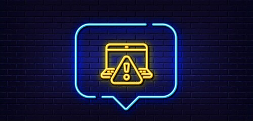 Poster - Neon light speech bubble. Online warning line icon. Attention triangle sign. Internet caution symbol. Neon light background. Online warning glow line. Brick wall banner. Vector