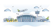 © VectorMine - Airport building exterior with airplanes and control tower outline concept. Terminal with passengers boarding process for take off vector illustration. Jet transport for international vacation travel.