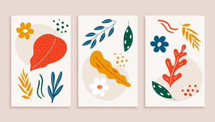 Wall Mural - Set of modern posters with exotic tropical leaves and plants. Branches, flowers and leaves with dots and spots. Trend set, print. Hand drawn vector.