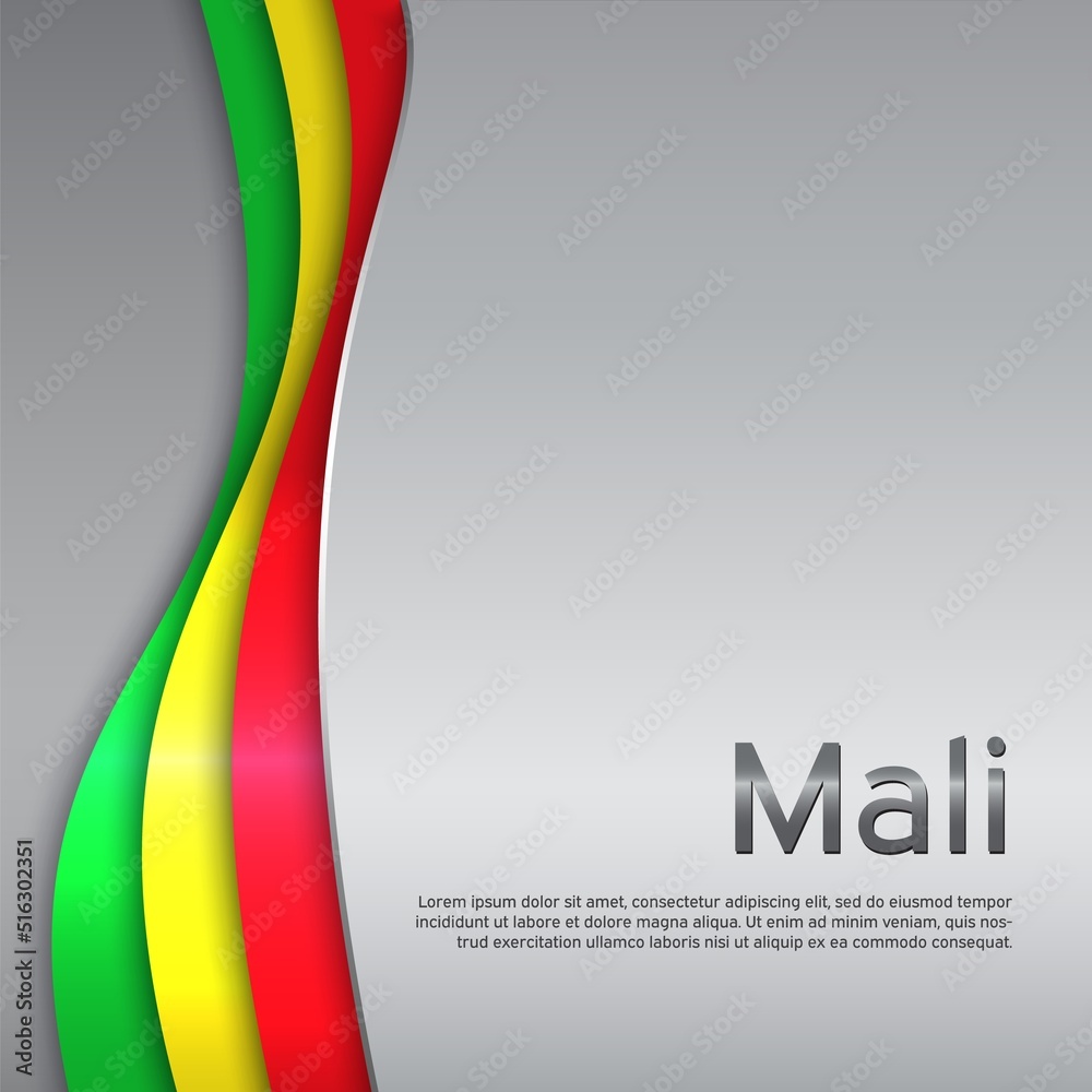 Abstract waving mali flag. State malian patriotic banner, cover, booklet, flyer. Paper cut style. Creative metal background for patriotic, festive card design. National Poster. Vector tricolor design