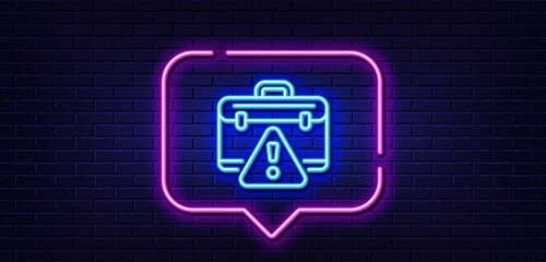 Poster - Neon light speech bubble. Warning briefcase line icon. Attention triangle sign. Caution diplomat symbol. Neon light background. Warning briefcase glow line. Brick wall banner. Vector