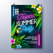 Summer Party Flyer Design Template with Glowing Neon Light and Exotic Flower on Tropic Leaves Background. Vector Summer Celebration Holiday Illustration for Banner, Invitation or Celebration Poster.