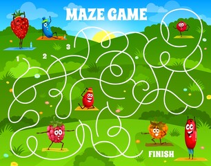 Leinwandbilder - Labyrinth maze game, cartoon berry characters on yoga fitness, vector kids puzzle worksheet. Strawberry, raspberry and cranberry on fitness sport in labyrinth maze to find way with start and finish