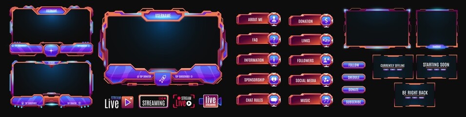 Leinwandbilder - Overlay game interface, neon screen panel and frames, vector UI template. Game interface overlay of live stream buttons, gamer video twitch and name tags for streaming game and futuristic digital GUI