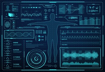 Leinwandbilder - HUD interface, health care and medicine graphs, charts and infographics, vector futuristic medical technology, HUD interface with human body hologram, medical diagnostics and future biomedicine screen