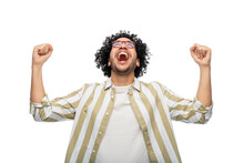 Success, Emotion And Expression Concept - Happy Man In Glasses Celebrating Victory Over White Background