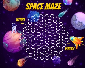 Aufkleber - Space labyrinth maze game, cartoon astronaut and galaxy planets, vector worksheet. Kids escape puzzle or labyrinth maze with start and finish for spaceman, rocket shuttle or galactic spaceship