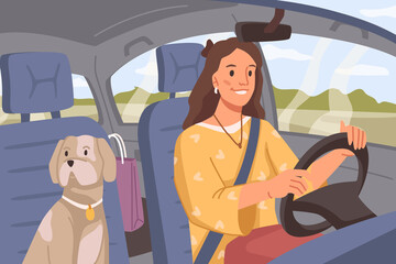 Young lady with dog driving car, female personage by wheel going on vacation or trip. Road journey with pet, holidays destination. Flat cartoon, vector illustration