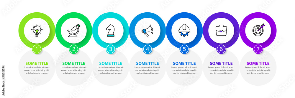 Infographic template. 7 circles with icons and text in a row
