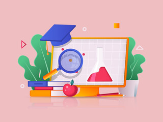 Poster - Online education concept 3D illustration. Icon composition with watching video lectures on computer screen, reading books, completing educational courses. Vector illustration for modern web design