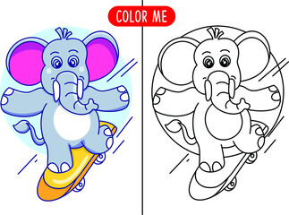 Wall Mural - coloring book with elephant skateboard illustration