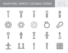 Fasteners Line Icons. Vector Illustration Include Icon - Clamp, Plastic Dowel, Nail, Pin, Iron Nut, Fixture, Bolt Outline Pictogram For Coupling Constructions. 64x64 Pixel Perfect, Editable Stroke