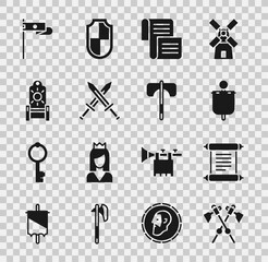 Sticker - Set Crossed medieval axes, Decree, parchment, scroll, Medieval flag, sword, throne, and icon. Vector