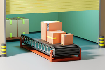 Wall Mural - Warehouse technologies. Conveyor inside robotic warehouse. Modern warehouse without people. Boxes in storage building. Conveyor for fast processing parcels. Small room with automatic gate. 3d image